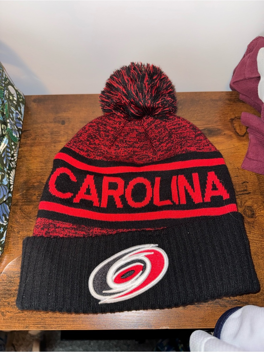 NHL Carolina Red & Black Pom Beanie